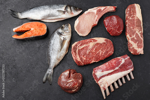Canvastavla Selection of various type of raw meat and fish - sea bass fish, dorado fish, trout or salmon steak, pork loin, filet mignon, filet chateau, striploin steak, ribeye steak and rack of lamb