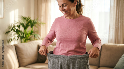 Smiling middle aged woman in pink top pulling out waistband of grey trousers to show weight loss after bariatric surgery