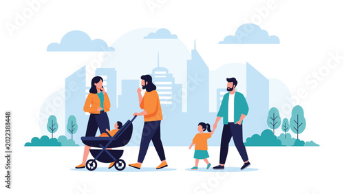 Families walking through a modern city park with high rise buildings in the background under a soft blue sky for urban living.