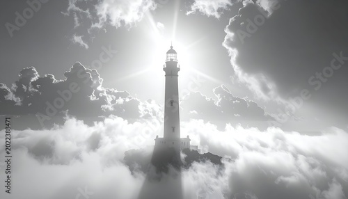 Majestic lighthouse towers above clouds; sunbursts from its lamp in grayscale