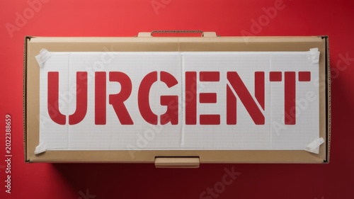 A cardboard box with an URGENT sign on a red wall indoors.