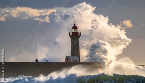 Lighthouse amidst crashing waves and dynamic, textured clouds on a grey day