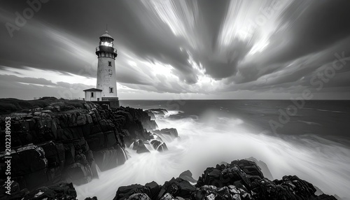 Lighthouse on craggy coast with long exposure clouds and crashing waves