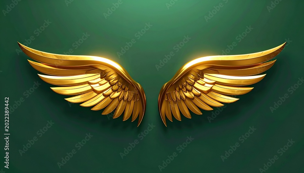 Obraz premium Two golden feathered wings outstretched, gleaming against a solid green backdrop