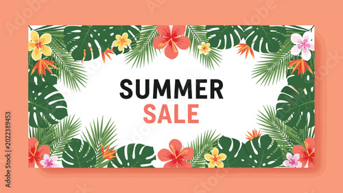 Colorful summer sale banner featuring tropical monstera leaves, palm fronds, and hibiscus flowers on a clean white background.