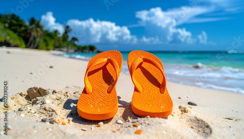 Orange flip-flops sit on a sunny beach with turquoise water behind them
