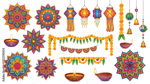 Colorful traditional diwali festival elements featuring decorative mandalas oil lamps and hanging festive floral garlands
