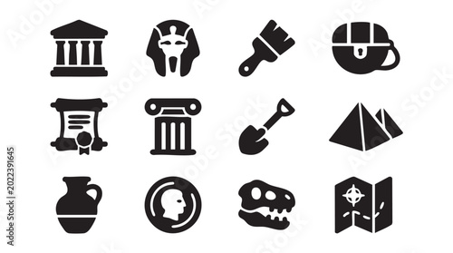 Tableau sur toile Ancient History, Archaeology, Travel Icons, 12 Black Vector Symbols