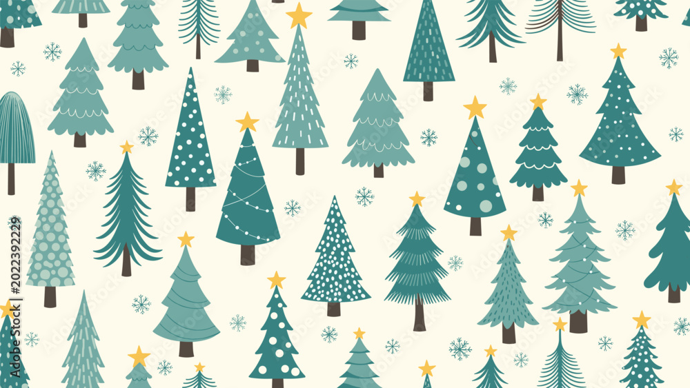 Obraz premium Whimsical winter seamless pattern featuring a variety of stylized pine trees and delicate snowflakes on a light cream background.