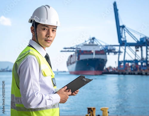 Port worker inspecting cargo ship