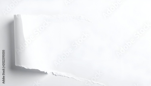 Torn white paper edge, curled and ripped, with soft shadows on a white backdrop