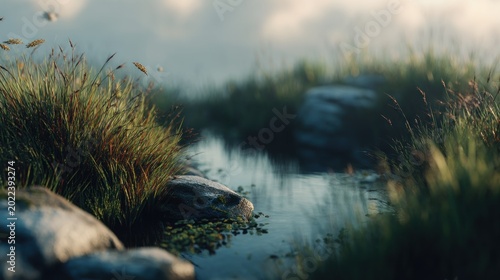 Stream flowing through lush green landscape