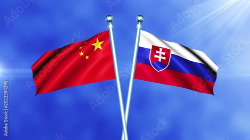 China and Slovakia Flag Waving On Pole Loop