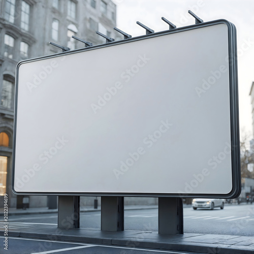 A massive, blank billboard stands prominently on a city street, offering a clean canvas for advertising.