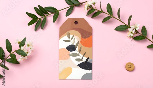 Abstract art tag w/ leaves & flowers on pink