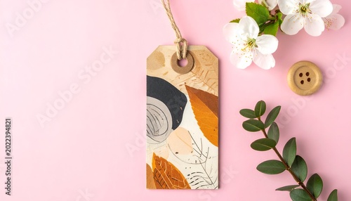 Artsy tag with floral accent on pink backdrop