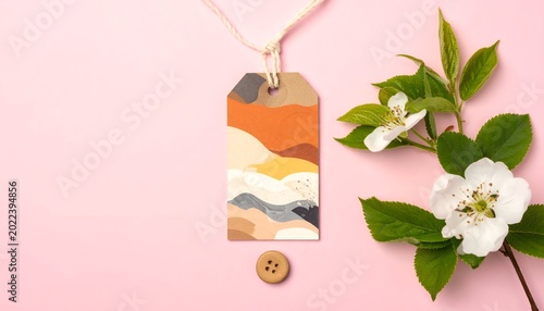 Abstract landscape tag with flowers, and a button, over a solid pink surface