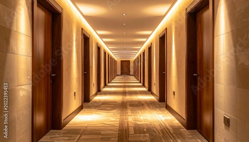 Long luxurious hotel corridor with doors.