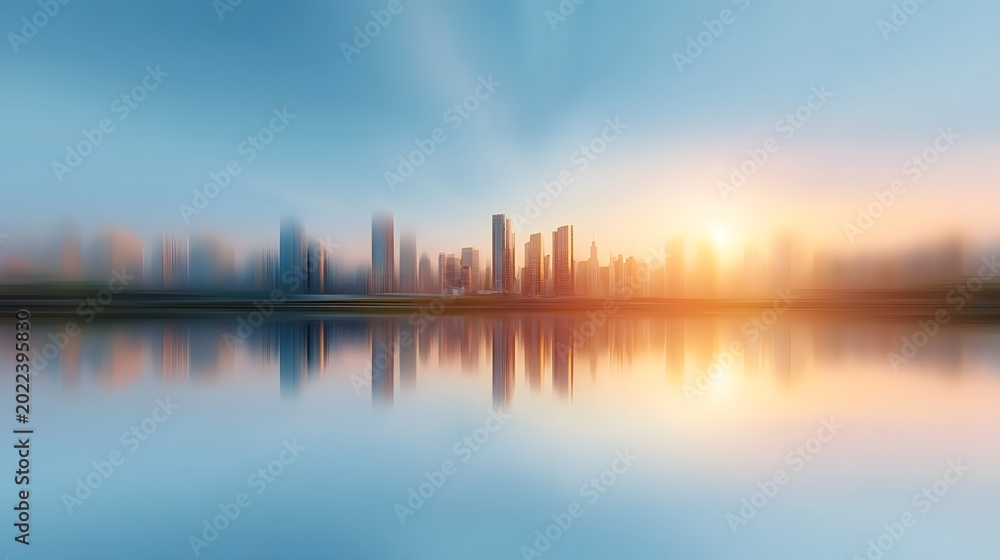 Fototapeta premium Golden dawn light illuminates a calm body of water reflecting a soft blurred metropolitan skyline