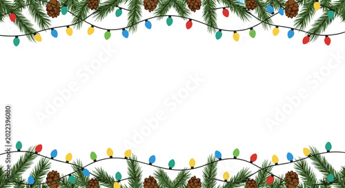 A symmetrical top and bottom frame composed of lush evergreen branches, textured pine cones, and a string of glowing multi-colored lights lines a white area.