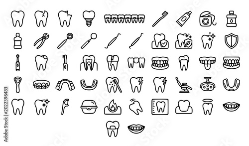 Photography Dental Care Line Art Icon Set with Teeth Toothbrush Floss and Oral Hygiene Symbo