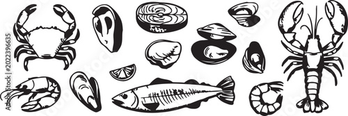 Billede på lærred Crustacean collection showing crab lobster shrimp outlines