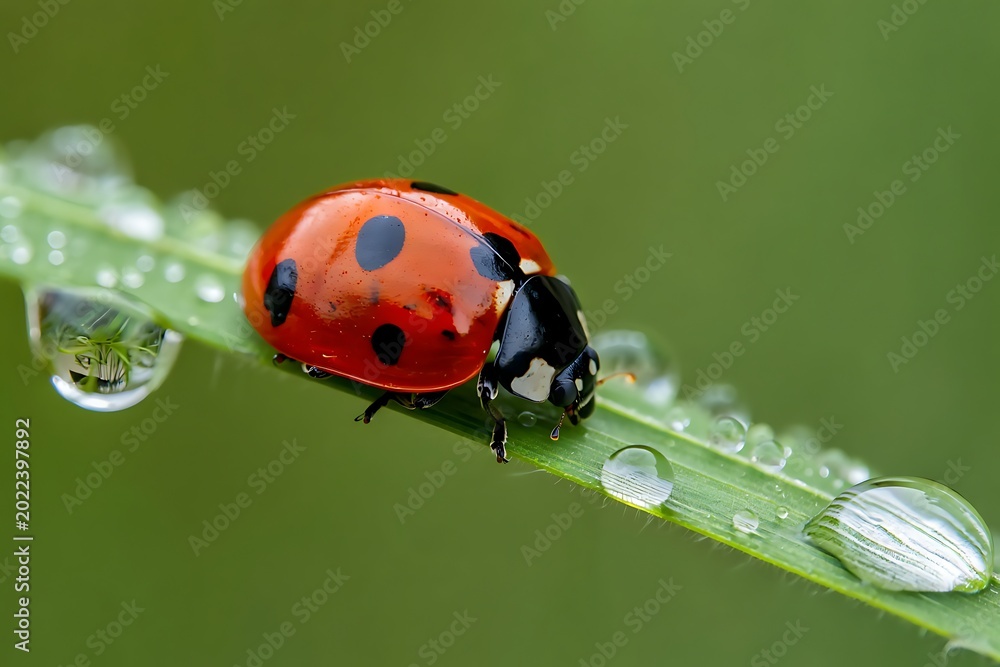 Fototapeta premium Red ladybug with black spots sits on wet green grass blade in macro view crawling insect on leaf with dew drops sunlight shining through blades