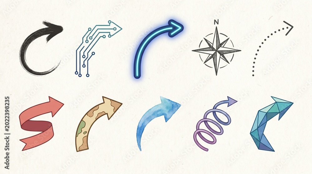 Fototapeta premium Decorative arrow icons set, diverse graphic directional symbols, creative navigation pointers in various styles, 10 unique arrow design elements