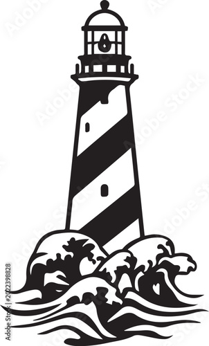 Картината върху платно A detailed, high-contrast illustration of a coastal lighthouse, a beacon of guidance, stands steadfast amidst churning waves, serving as a symbol of maritime safety and direction