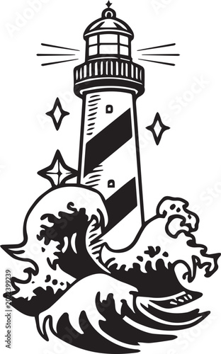 Картината върху платно A detailed illustration of a lighthouse, a symbol of guidance and safety, stands tall against a backdrop of a tumultuous sea, showcasing its enduring presence and steadfast nature