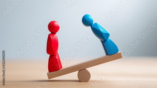 Two wooden stylized figures on a seesaw balance on a smooth wooden surface with a neutral gray-white gradient background. Imbalance, conflict concept, unequal weight in relationships or competition