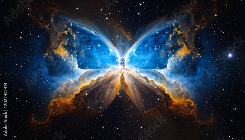 Butterfly-shaped nebula with vibrant blues, oranges, amidst starry backdrop