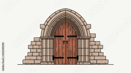 A medieval stone arched entrance features a heavy wooden door secured with black iron hinges set within rough masonry steps on a clean neutral studio background surface.
