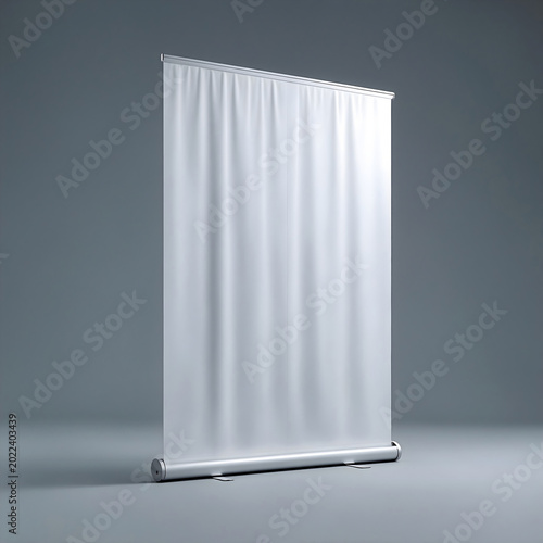 A blank roll-up banner standing in a minimalist studio, ready for custom graphics or text. This versatile display is ideal for presentations, trade shows, or promotional events.