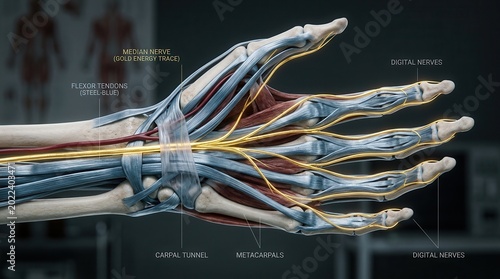 Detailed 3D medical illustration of the human hand anatomy showing bones, tendons, median nerve, and digital nerves
