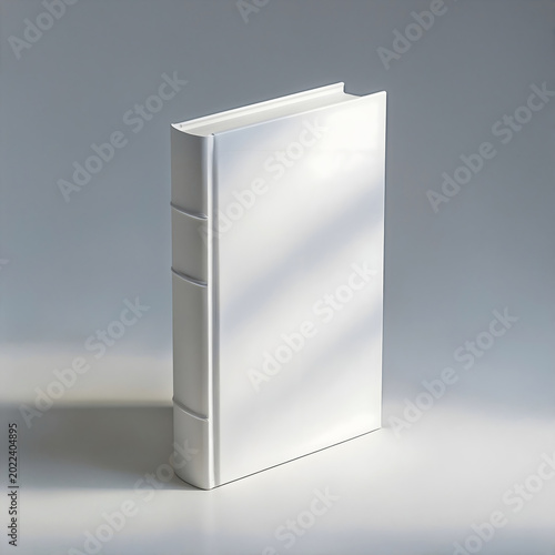 A blank white book standing on a clean surface with light and shadow patterns across it