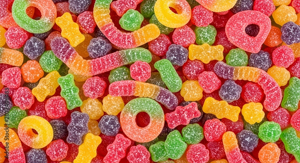 Fototapeta premium Colorful Assorted Gummy Candies Background, Sweet Treats Texture