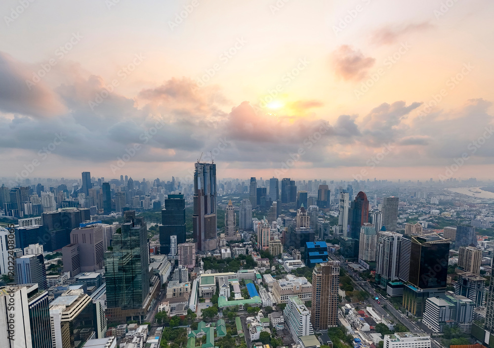 Fototapeta premium Many high skyscrapers, panorama view into the distance central district. Cityscape Bangkok