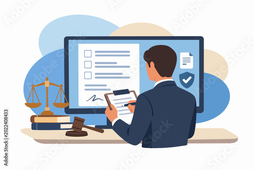 Photos Modern Lawyer Reviewing Digital Business Contracts and Legal Files