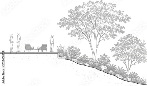Garden Landscape Plan and Elevation Vector Design with Trees, Pathway, Shrubs, Human Scale and Architectural Site Drawing