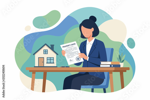 Photos Female Lawyer Reviewing Property Deed Document for Real Estate Deal