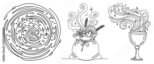 Foto Magical portal vortex and pouch with herbs and mystic chalice in monoline drawin