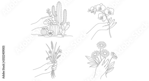 Elegant Line Art Collection of Hands with Botanical Elements: Cactus, Orchid, Wheat, and Daisies