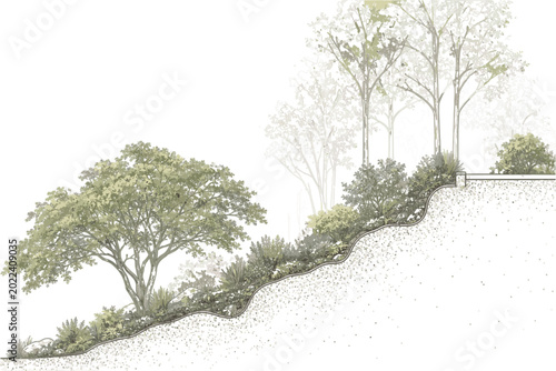 Landscape Section Elevation Vector with Terrace Seating, Human Figures, Sloped Garden Planting, Trees and Architectural Line Art