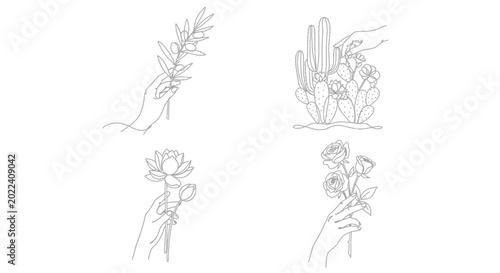 Minimalist Line Art Hands Holding Botanical Elements: Flowers, Cactus, and Leaves Collection