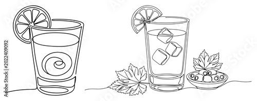 Refreshing drinks with lemon slices and olives in continuous line art style