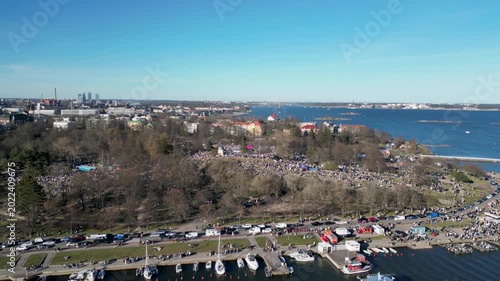 May Day Celebration in Finland Drone View Over Kaivopuisto. 