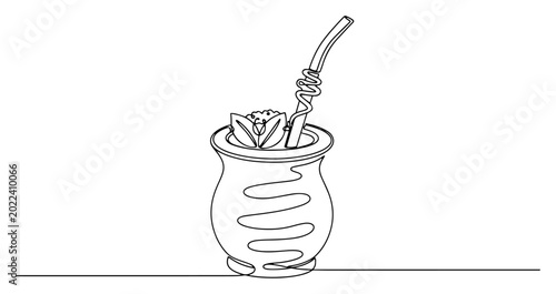 Bild auf Leinwand Yerba mate drink in calabash gourd with bombilla straw and leaves in continuous