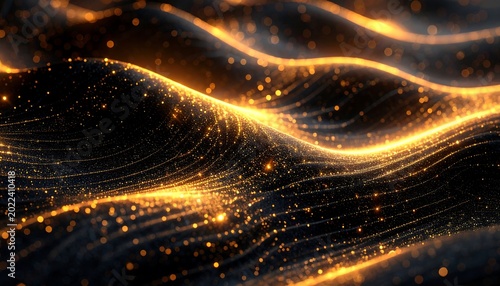 Golden Waves and Particles on Dark Background.