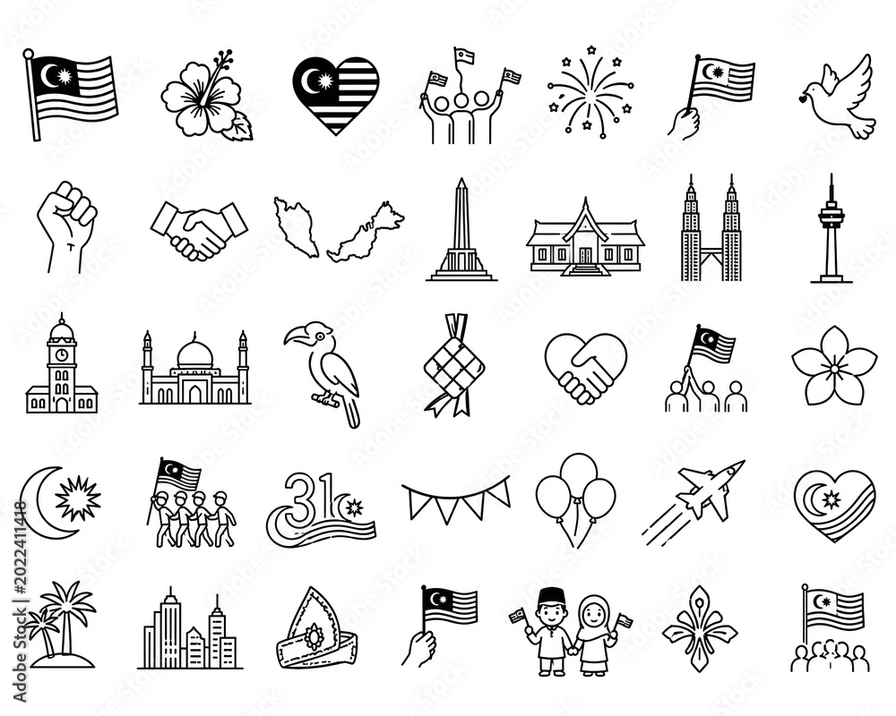 Obraz premium A set 24 icon Malaysia Independence Day Merdeka Hari Malaysia Culture Symbols